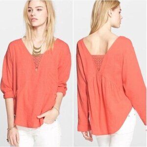 Free People Womens‎ Deep V-Neck Crochet Back Coral Blouse L